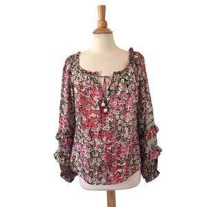 Hale Bob Silk Floral Peasant Blouse Statement Sleeves Ruffle Metallic Detail S25
